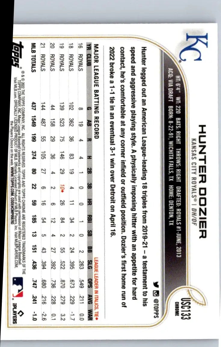2022 Topps Update US184 Hunter Dozier Purple baseball card featuring Hunter Dozier