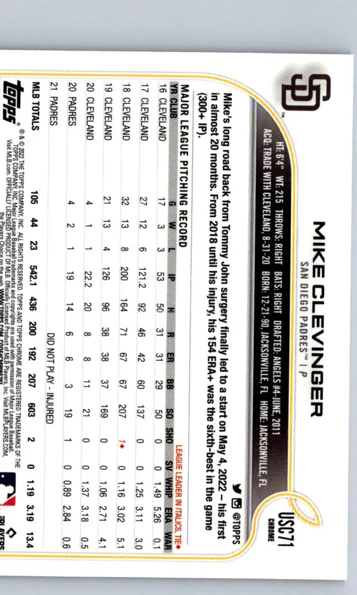 2022 Topps Update US186 Mike Clevinger Purple baseball card featuring Mike Clevinger