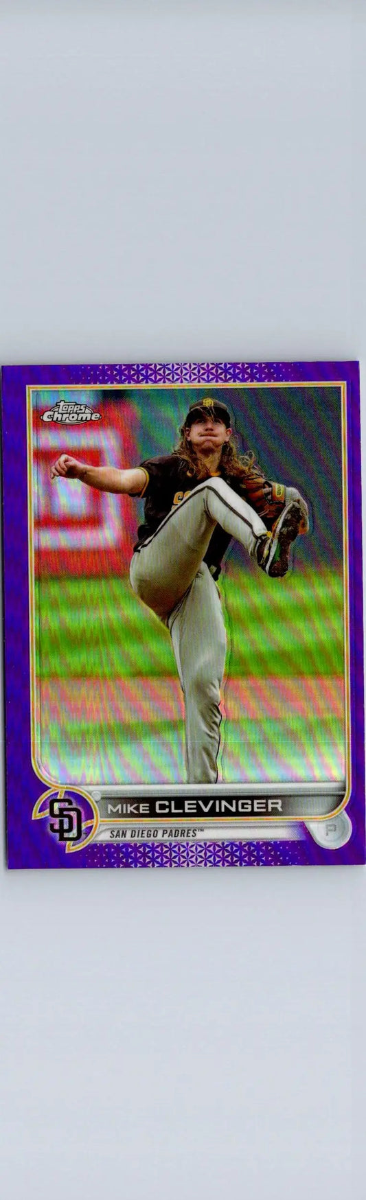 Purple baseball card of Mike Clevinger from 2022 Topps Update US186 Mike Clevinger Purple