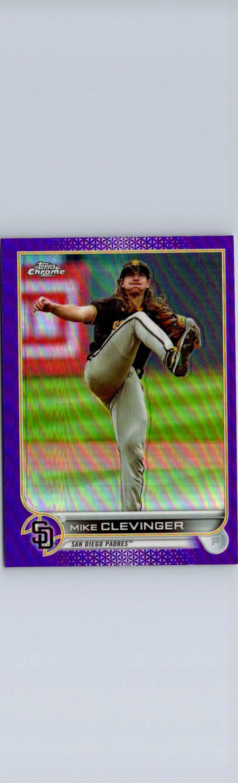 Purple baseball card of Mike Clevinger from 2022 Topps Update US186 Mike Clevinger Purple
