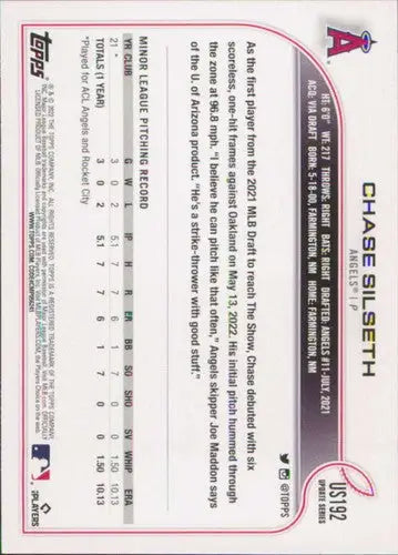 Baseball card back with original gloss for 2022 Topps Update US192 Chase Silseth Rookie