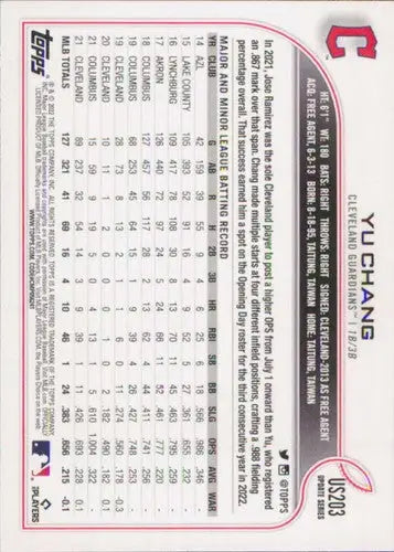 2022 Topps Update US203 Yu Chang baseball card with original gloss Guardians ID 47376