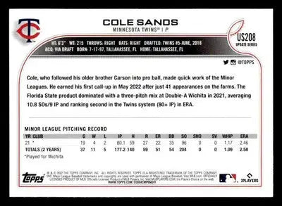 2022 Topps Update #US208 Cole Sands - Baseball Card Single
