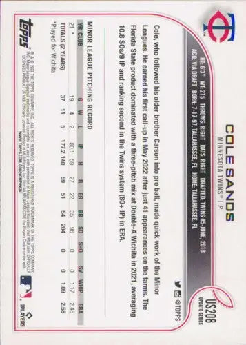 Original gloss 2022 Topps Update US208 Cole Sands Rookie Baseball Trading Card