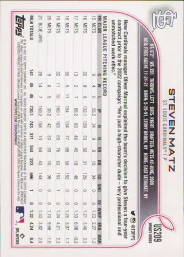 2022 Topps Update #US209 Steven Matz NM-MT Cardinals ID:49014 - Baseball Card Single