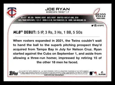 2022 Topps Update #US222 Joe Ryan - Baseball Card Single