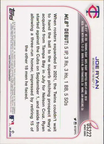 2022 Topps Update #US222 Joe Ryan NM-MT Twins ID:49025 - Baseball Card Single