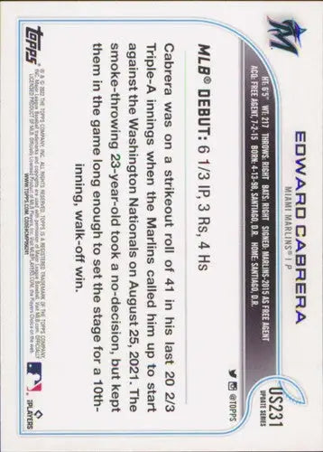 Baseball card back with original gloss from 2022 Topps Update featuring Edward Cabrera