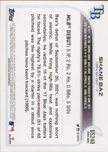 2022 Topps Update #US240 Shane Baz NM-MT Rays ID:47384 - Baseball Card Single