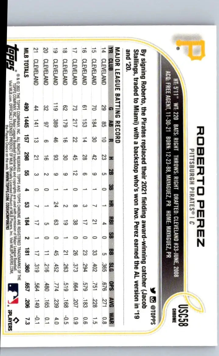 Baseball card back for 2022 Topps Update US243 Roberto Perez Purple featuring player details
