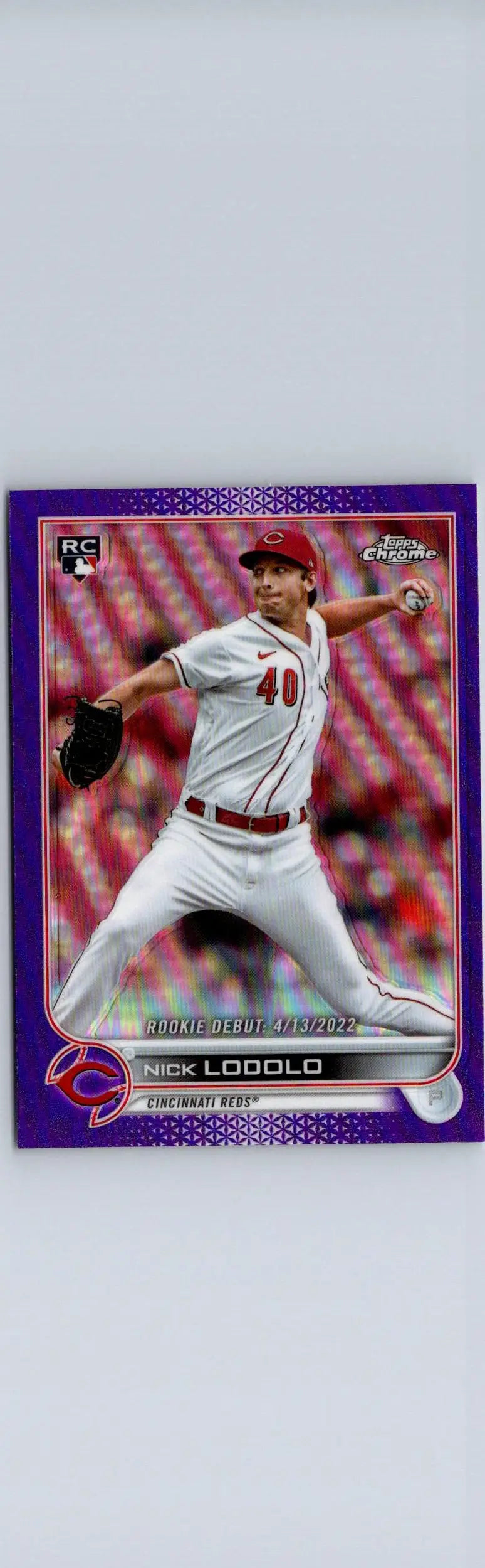 Purple baseball card of Nick Lodolo from 2022 Topps Update US249 NicLodolo Purple