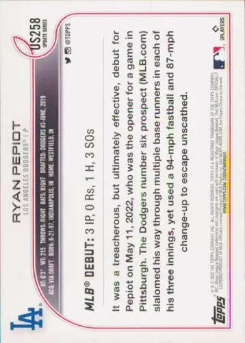 2022 Topps Update Ryan Pepiot baseball card with original gloss Dodgers ID 46534