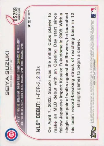 Original gloss of 2022 Topps Update US259 Seiya Suzuki baseball trading card