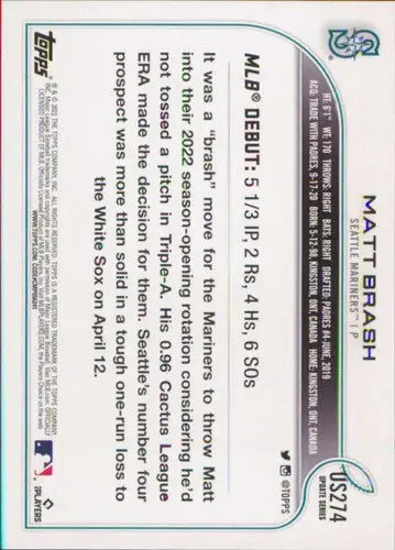 2022 Topps Update US274 Matt Brash Mariners baseball card for collectors