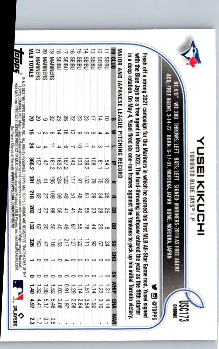 Yusei Kikuchi baseball card 2022 Topps Update US278 Yusei Kikuchi Purple cardstock