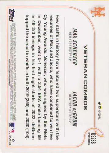 Back of 2022 Topps Update Jacob deGrom Max Scherzer Mets trading card with player stats