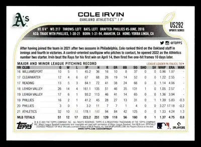 2022 Topps Update #US292 Cole Irvin - Baseball Card Single
