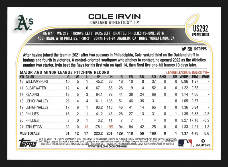 2022 Topps Update #US292 Cole Irvin Oakland Athletics - Baseball Card Single