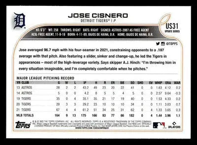 2022 Topps Update #US31 Jose Cisnero - Baseball Card Single