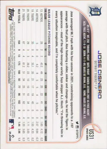 Baseball trading card US31 Jose Cisnero Topps Update Tigers ID 46979