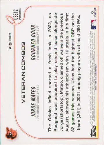 Baseball card back featuring original gloss for Jorge Mateo and Rougned Odor Orioles
