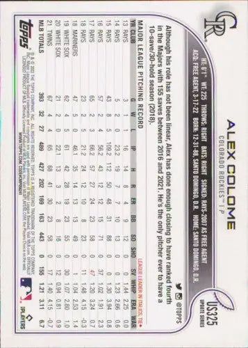 2022 Topps Update #US325 Alex Colome NM-MT Rockies ID:47493 - Baseball Card Single