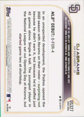 2022 Topps Update #US327 CJ Abrams NM-MT Padres ID:49000 - Baseball Card Single
