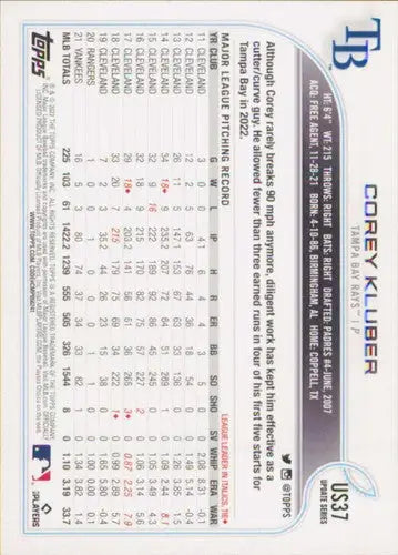 2022 Topps Update #US37 Corey Kluber NM-MT Rays ID:47475 - Baseball Card Single