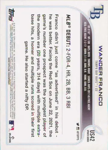 Original gloss US42 Wander Franco baseball card from 2022 Topps Update series