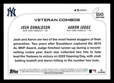 Baseball trading card featuring Josh Donaldson and Aaron Judge from 2022 Topps Update Opening Day Bronx Bash