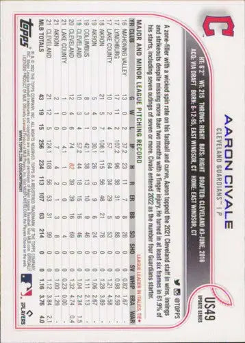 2022 Topps Update #US49 Aaron Civale NM-MT Guardians ID:49009 - Baseball Card Single
