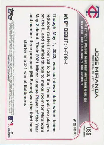 2022 Topps Update #US5 Jose Miranda NM-MT Twins ID:47491 - Baseball Card Single