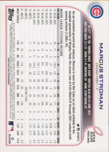 Original gloss baseball trading card featuring US50 Marcus Stroman from Topps Update