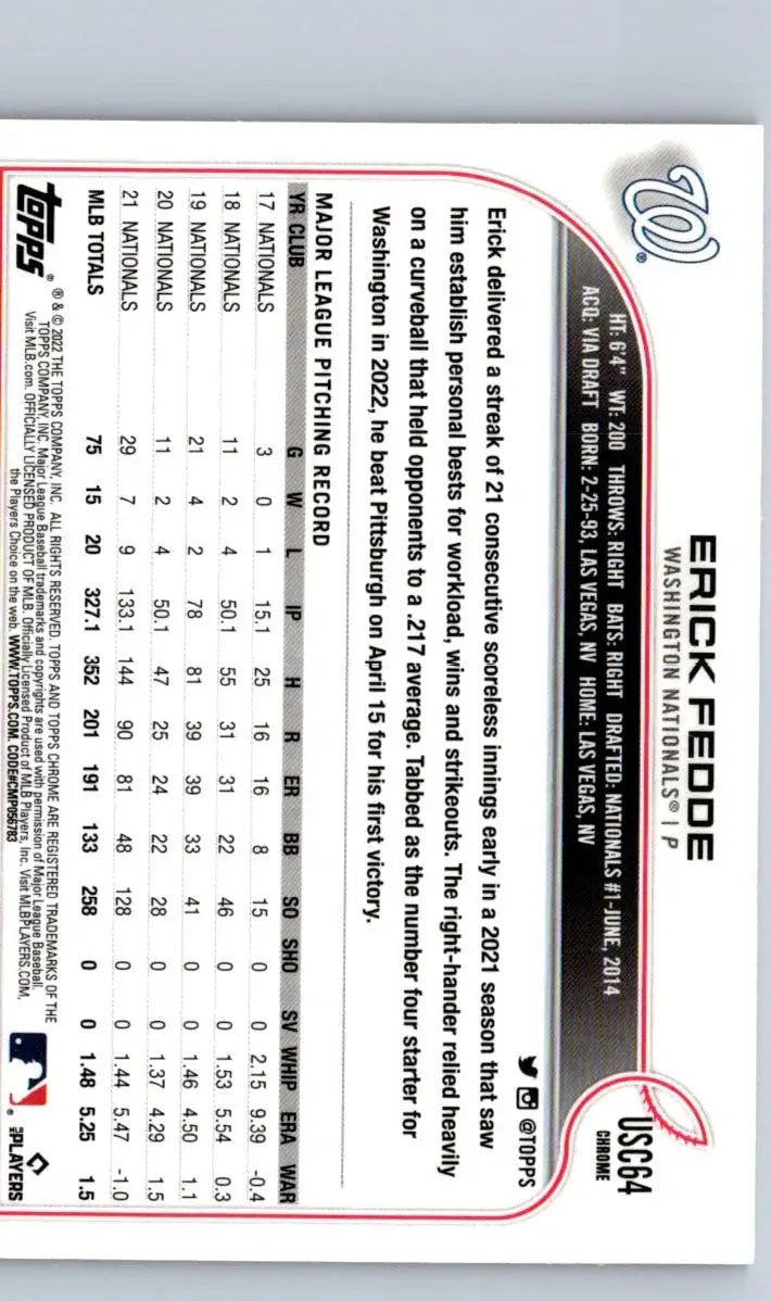 Baseball card back featuring Erick Fedde from 2022 Topps Update US51 Erick Fedde Purple