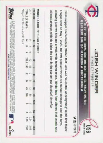2022 Topps Update US6 Josh Winder rookie baseball card Twins ID 47137