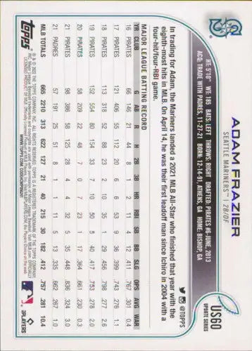 Original gloss 2022 Topps Update US60 Adam Frazier Mariners baseball trading card