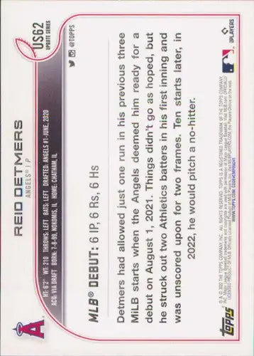 Reid Detmers baseball card back from 2022 Topps Update US62 with original gloss
