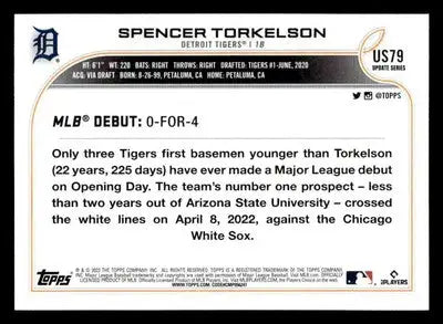 2022 Topps Update #US79 Spencer Torkelson - Baseball Card Single