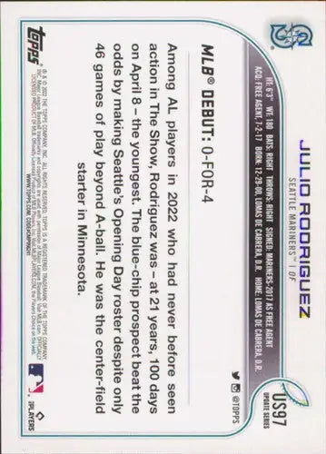 2022 Topps Update #US97 Julio Rodriguez NM-MT Mariners ID:47339 - Baseball Card Single