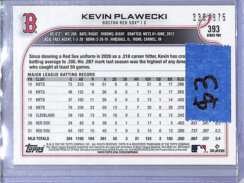 2022 Topps Walmart Foilboard #393 Kevin Plawecki NM-MT 338/875 Boston Red Sox - Baseball Card Single