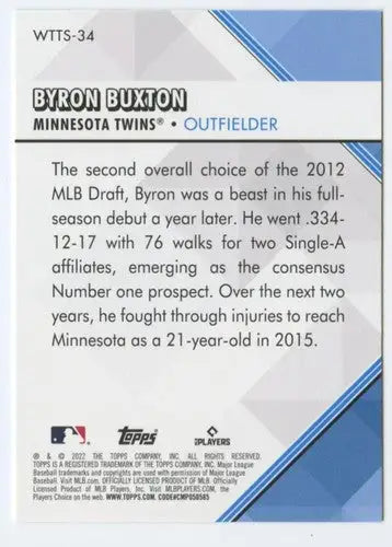 Original gloss Byron Buxton baseball card from 2022 Topps Welcome to the Show WTTS-34