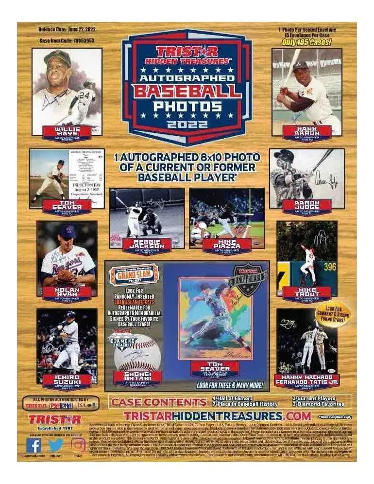Promotional poster for autographed 8x10 baseball photos and memorabilia in 2022 TRISTAR HIDDEN TREASURES edition
