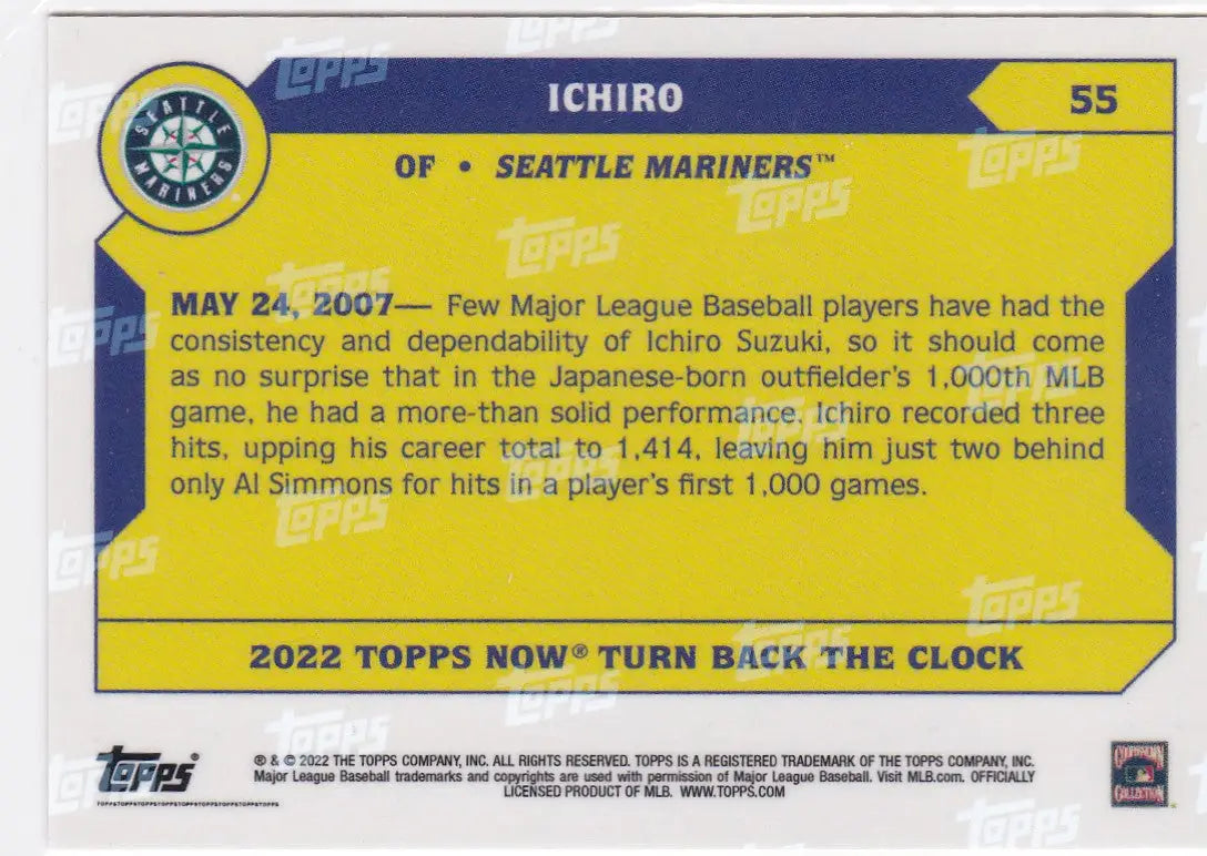 Back of a yellow and blue baseball card for Ichiro Suzuki Seattle Mariners 2022 Tuen Back the Clock