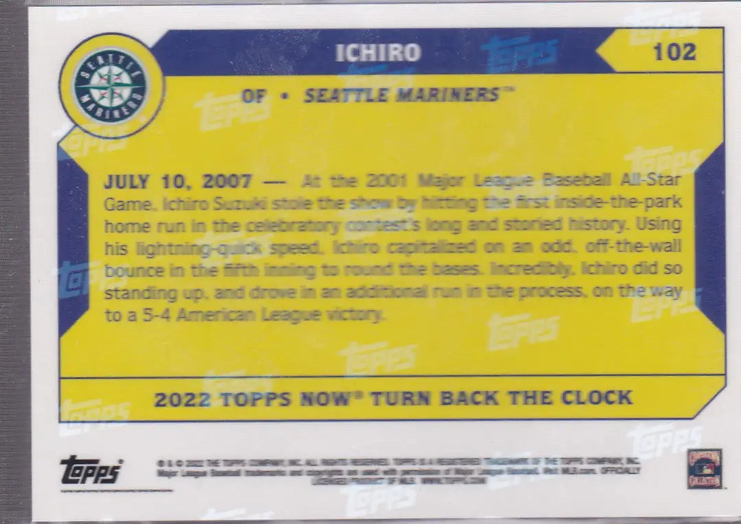 Back of a baseball trading card featuring Ichiro Suzuki from 2022 TURN BACK THE CLOCK Seattle Mariners series