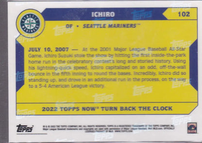 Back of a baseball trading card featuring Ichiro Suzuki from 2022 TURN BACK THE CLOCK Seattle Mariners series