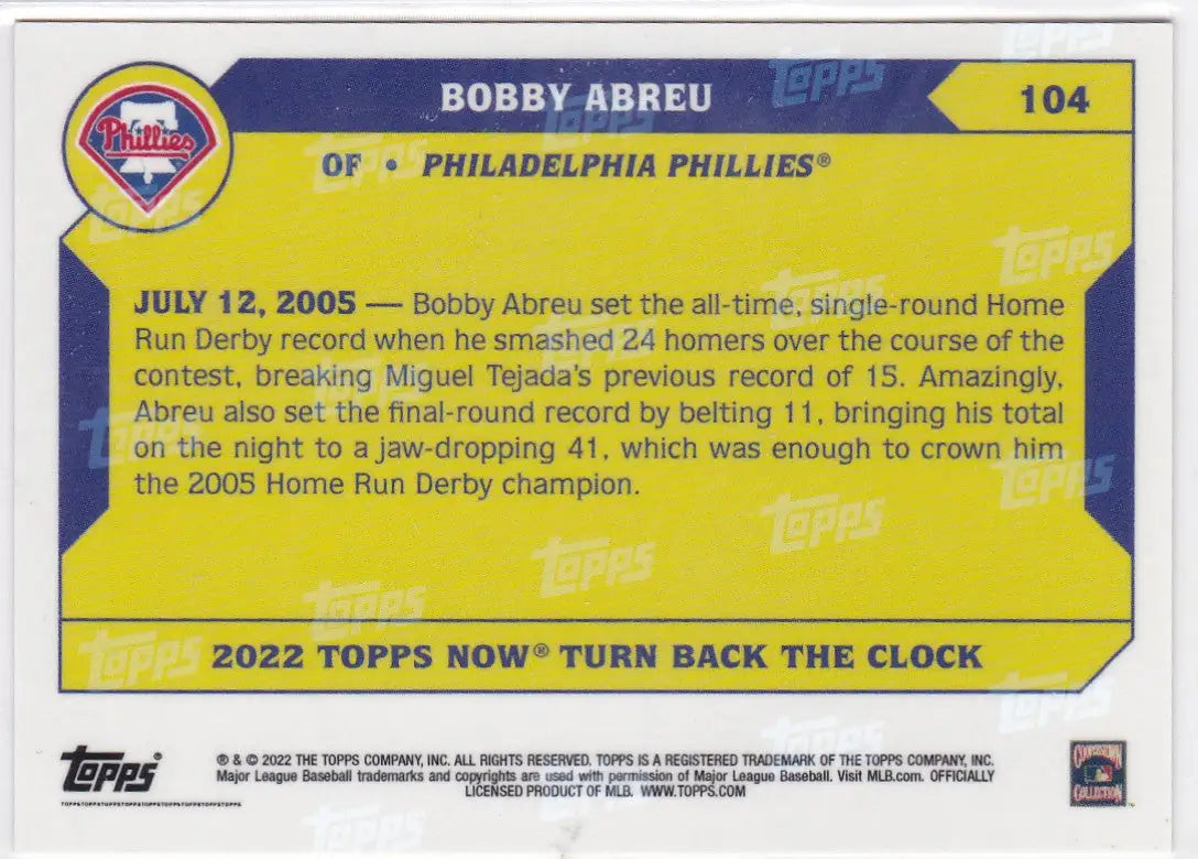 Collectible Bobby Abreu Philadelphia Phillies baseball card from 2022 Turn Back the Clock
