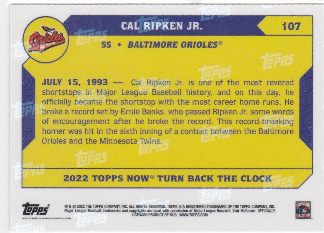 Baseball trading card featuring Cal Ripken Jr Baltimore Orioles with biographical text