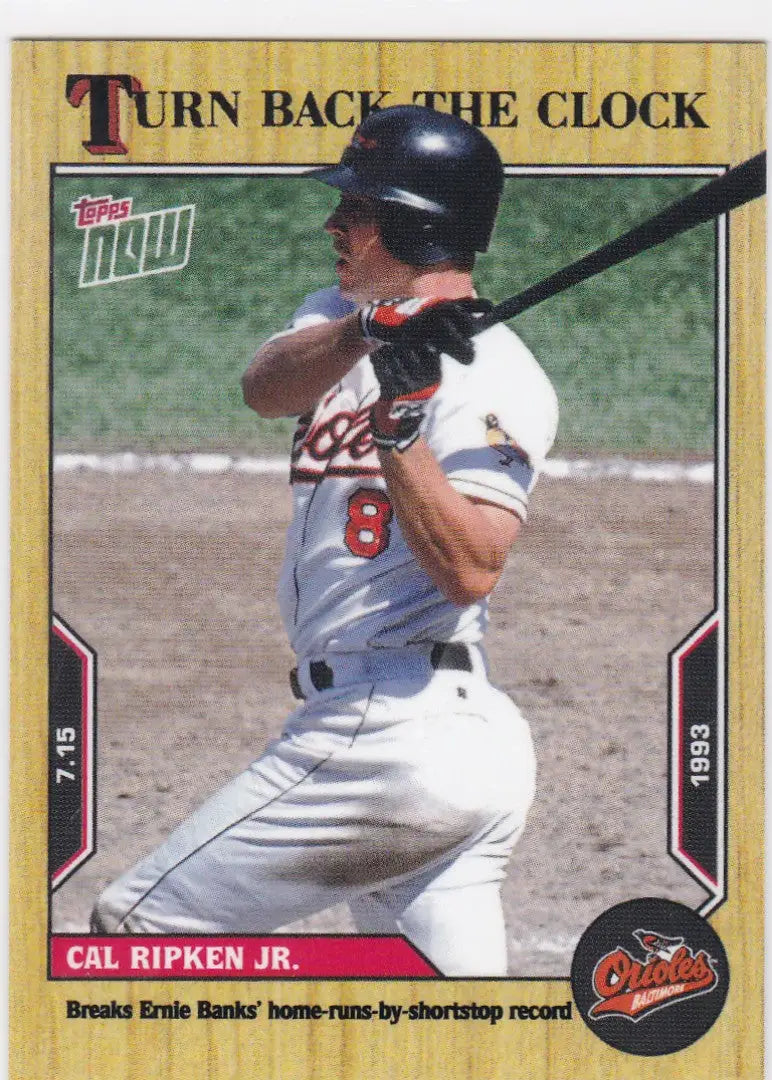 Baseball trading card featuring Cal Ripken Jr in batting stance for Baltimore Orioles