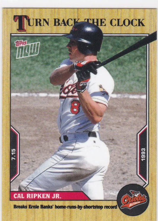 Baseball trading card featuring Cal Ripken Jr in batting stance for Baltimore Orioles