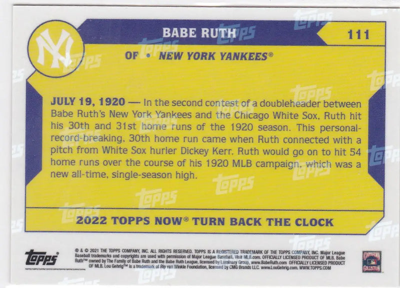 Yellow and blue Babe Ruth baseball card featuring New York Yankees logo and 1920 season info